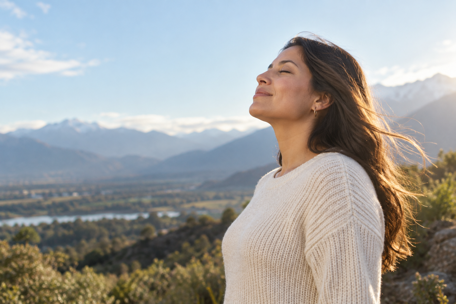 Mujer contemplando un paisaje con serenidad